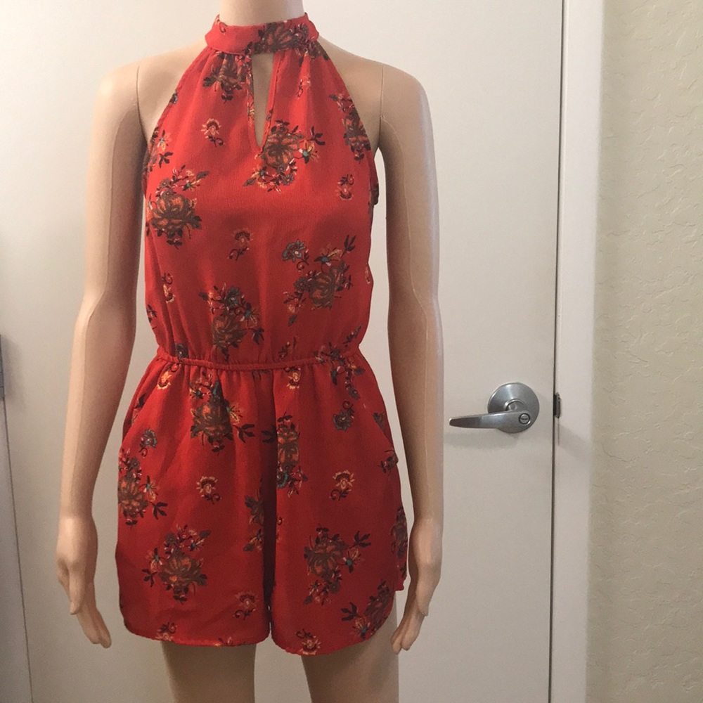Orange Floral Romper with Pockets